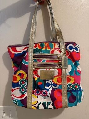 Coach Multicolor Circle Print Tote with Gold Straps